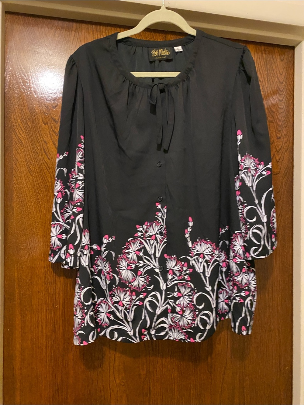 Bob Mackie Black Blouse with Pink & White Floral Border